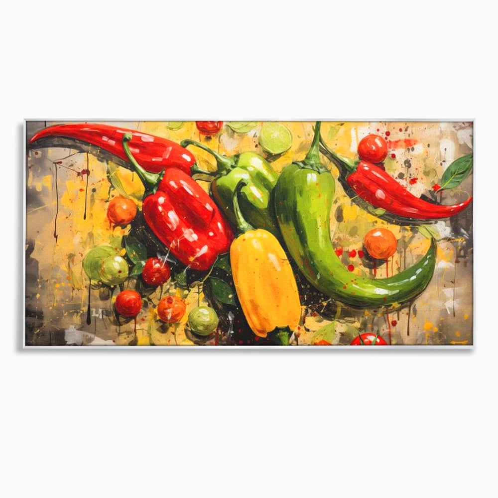 Tablou canvas cu pictura orizontala cu ardei iuti si legume, in rama de aluminiu argintiu